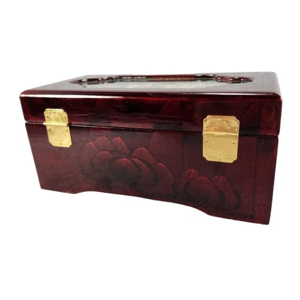 Lacquered Wood Jewelry Box Cork Diorama Pagoda Cranes Footed‎ Trinket Box READ